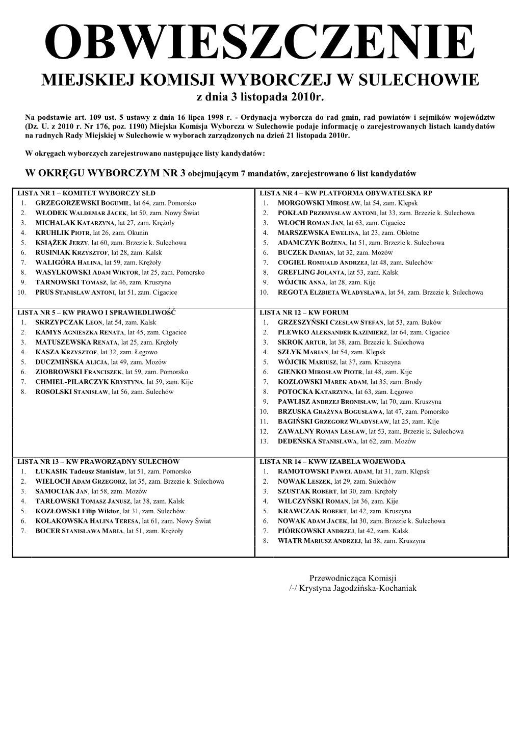 OBWIESZCZENIE MIEJSKIEJ KOMISJI WYBORCZEJ W SULECHOWIE Z Dnia 3 Listopada 2010R