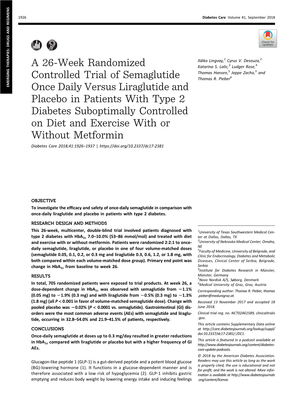 A 26-Week Randomized Controlled Trial of Semaglutide Once Daily Versus Liraglutide and Placebo in Patients with Type 2 Diabetes