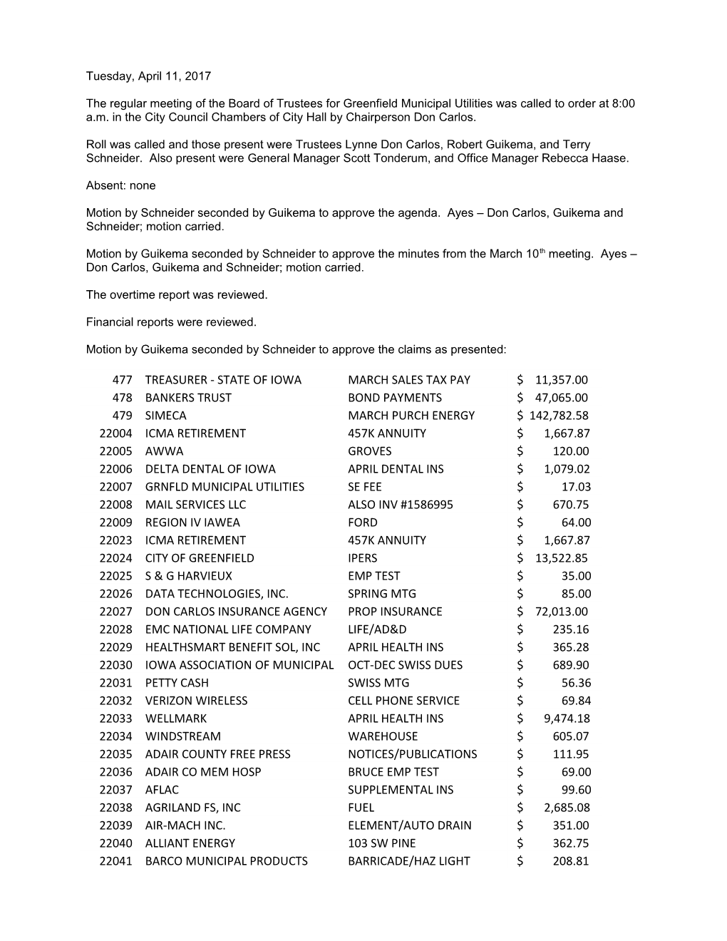 The Regular Meeting of the Board of Trustees for Greenfield Municipal Utilities Was Called s1