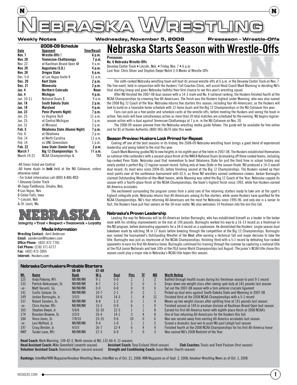 Nebraska Wrestling Team Will Host Its Annual Wrestle-Offs at 6 P.M