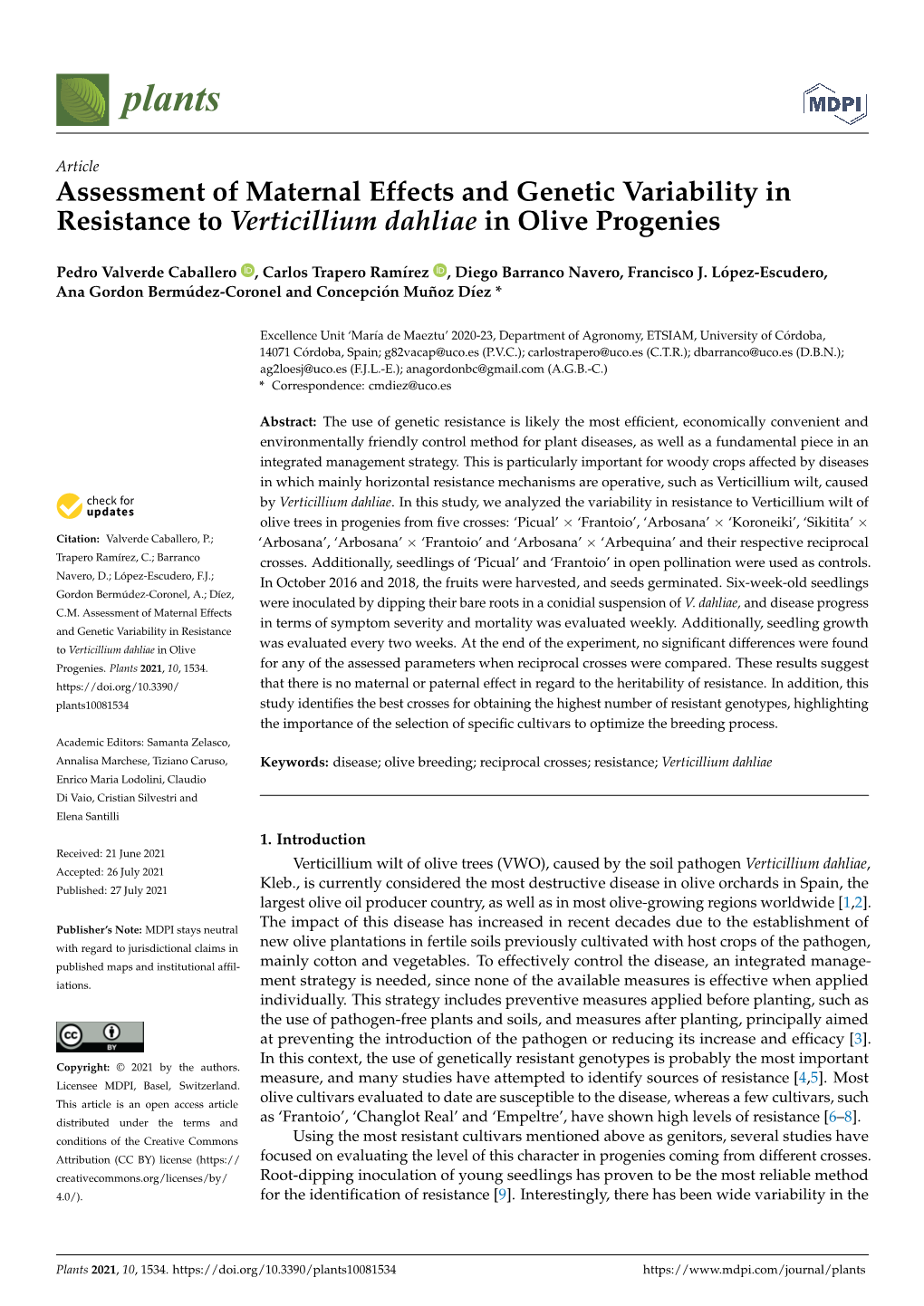 Assessment of Maternal Effects and Genetic Variability in Resistance to Verticillium Dahliae in Olive Progenies