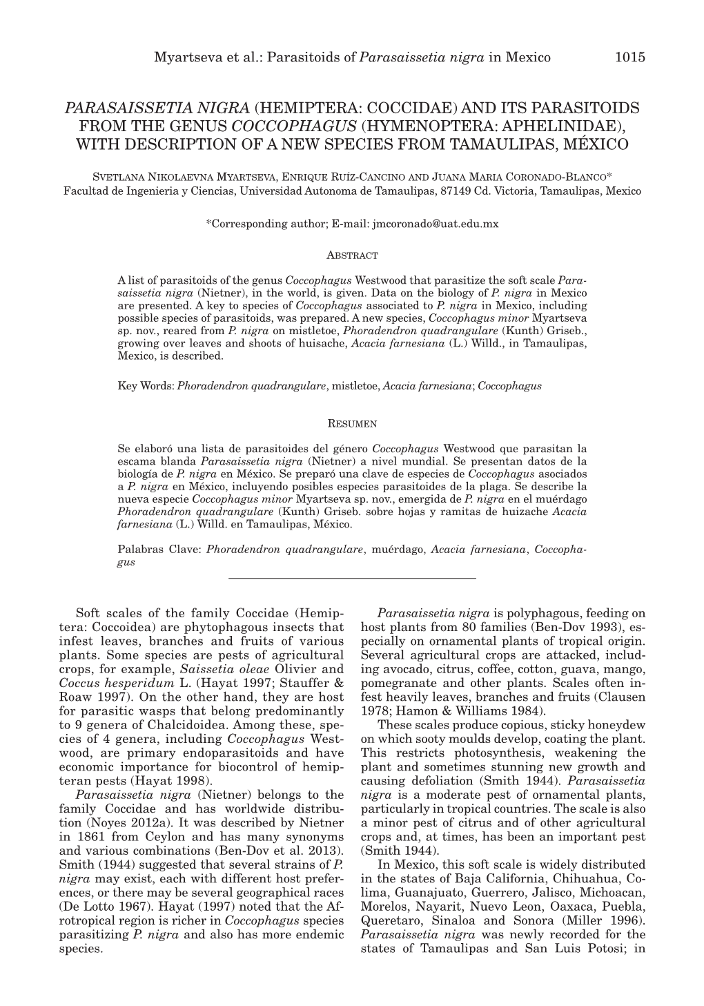 And Its Parasitoids from the Genus Coccophagus (Hymenoptera: Aphelinidae), with Description of a New Species from Tamaulipas, México