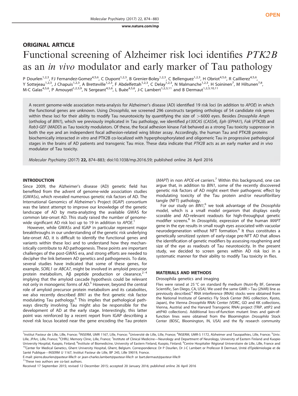 Functional Screening of Alzheimer Risk Loci Identifies PTK2B