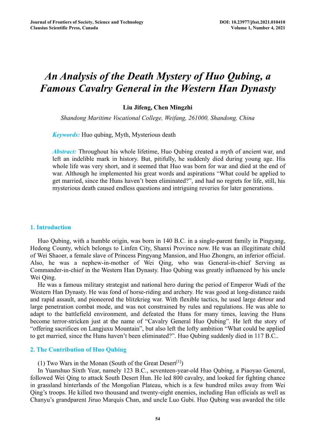 An Analysis of the Death Mystery of Huo Qubing, a Famous Cavalry General in the Western Han Dynasty