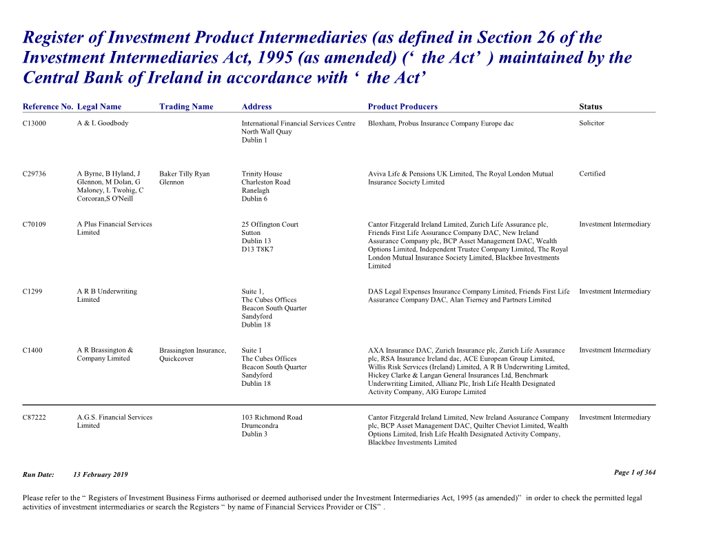 Register of Investment Product Intermediaries