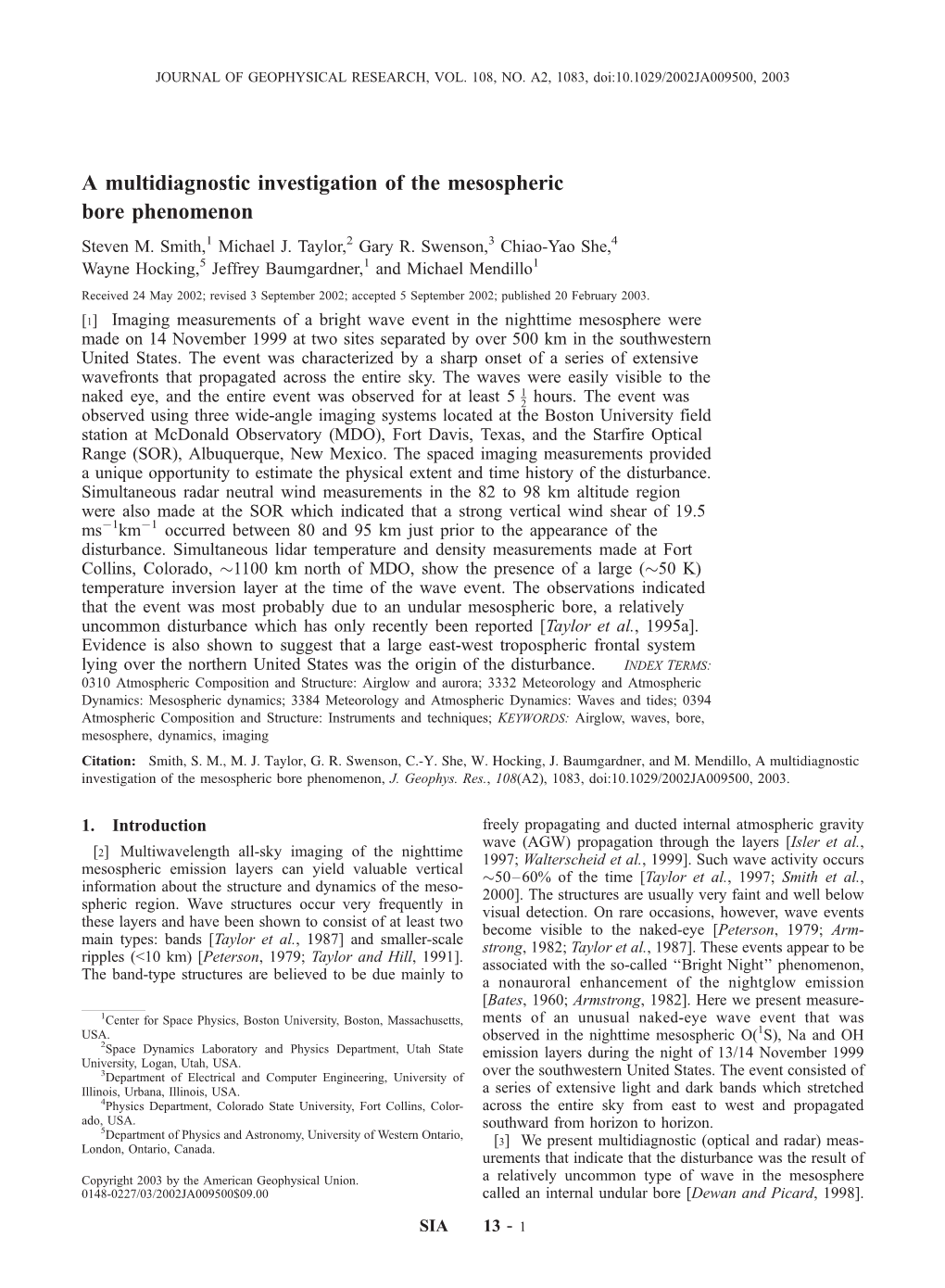 A Multidiagnostic Investigation of the Mesospheric Bore Phenomenon Steven M