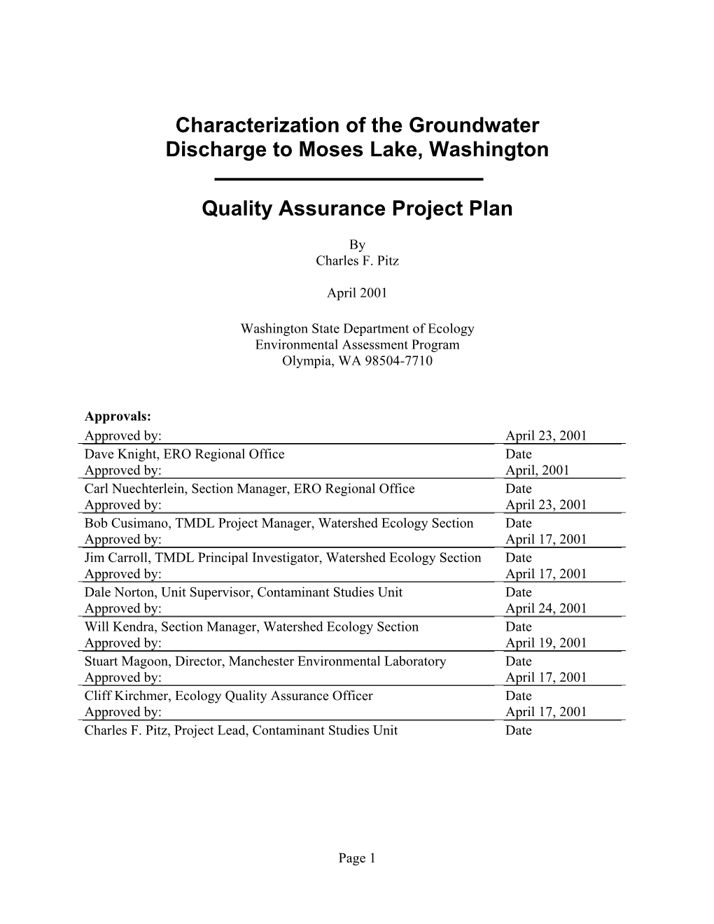 Characterization of the Groundwater Discharge to Moses Lake-QAPP
