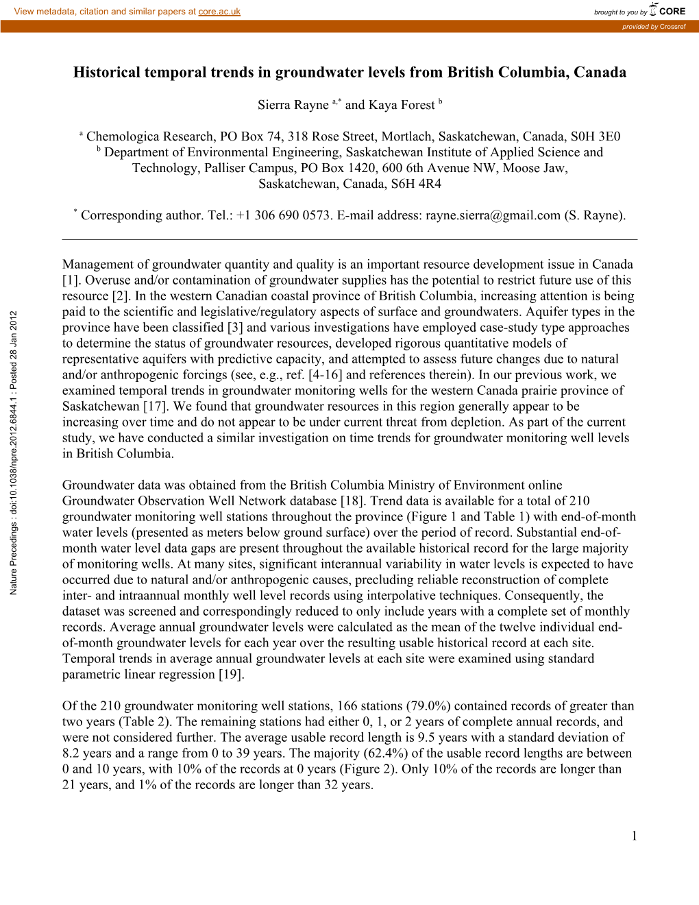 Historical Temporal Trends in Groundwater Levels from British Columbia, Canada