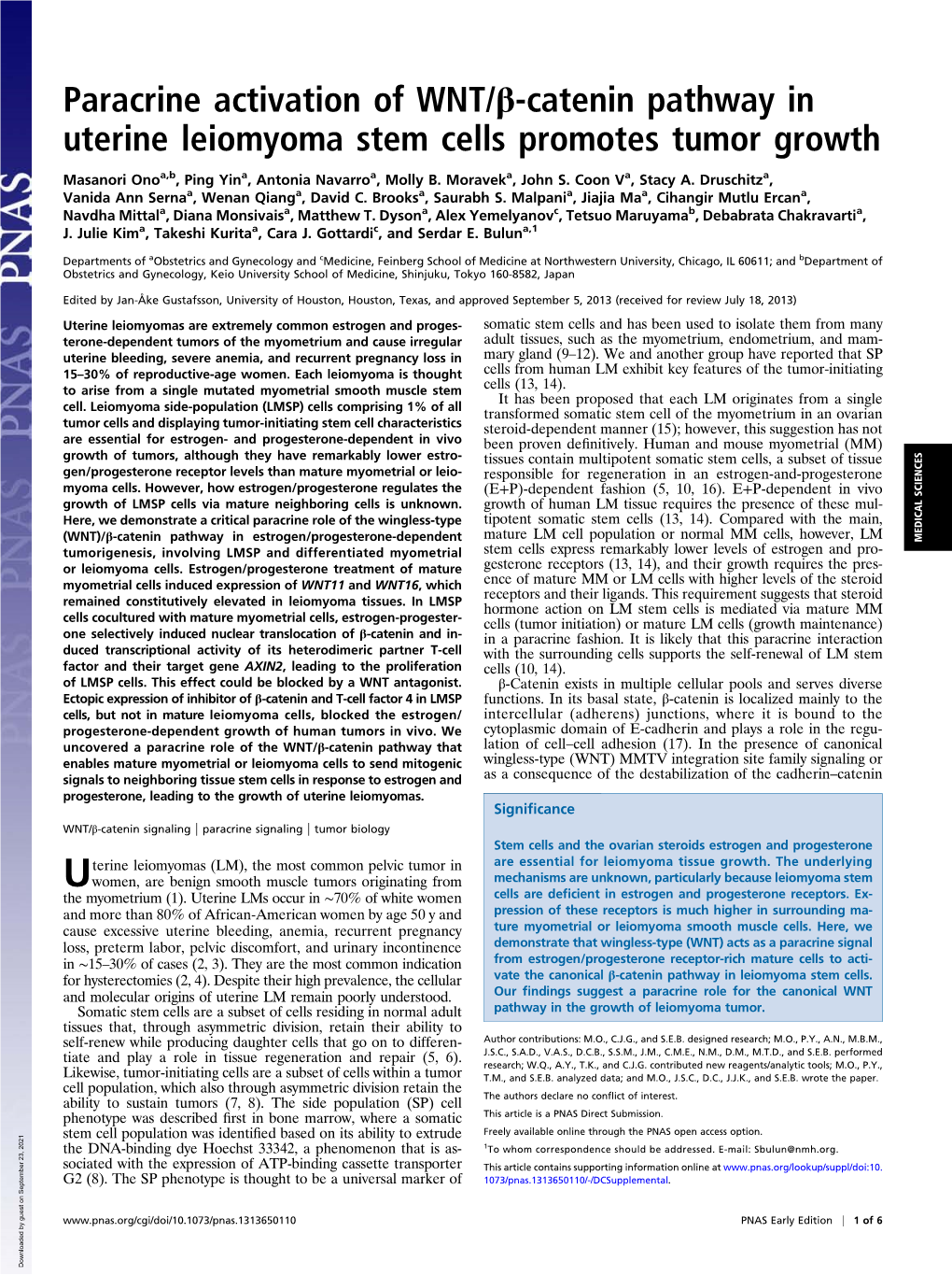 Paracrine Activation of WNT/Β-Catenin Pathway in Uterine Leiomyoma Stem Cells Promotes Tumor Growth