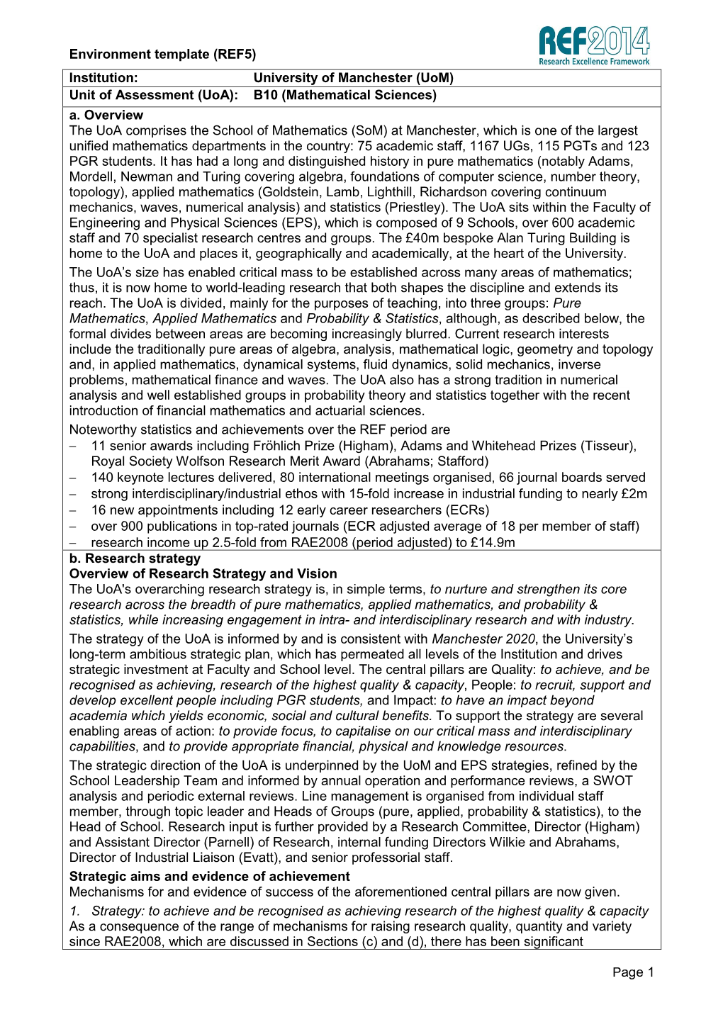 University of Manchester (Uom) Unit of Assessment (Uoa): B10 (Mathematical Sciences) A