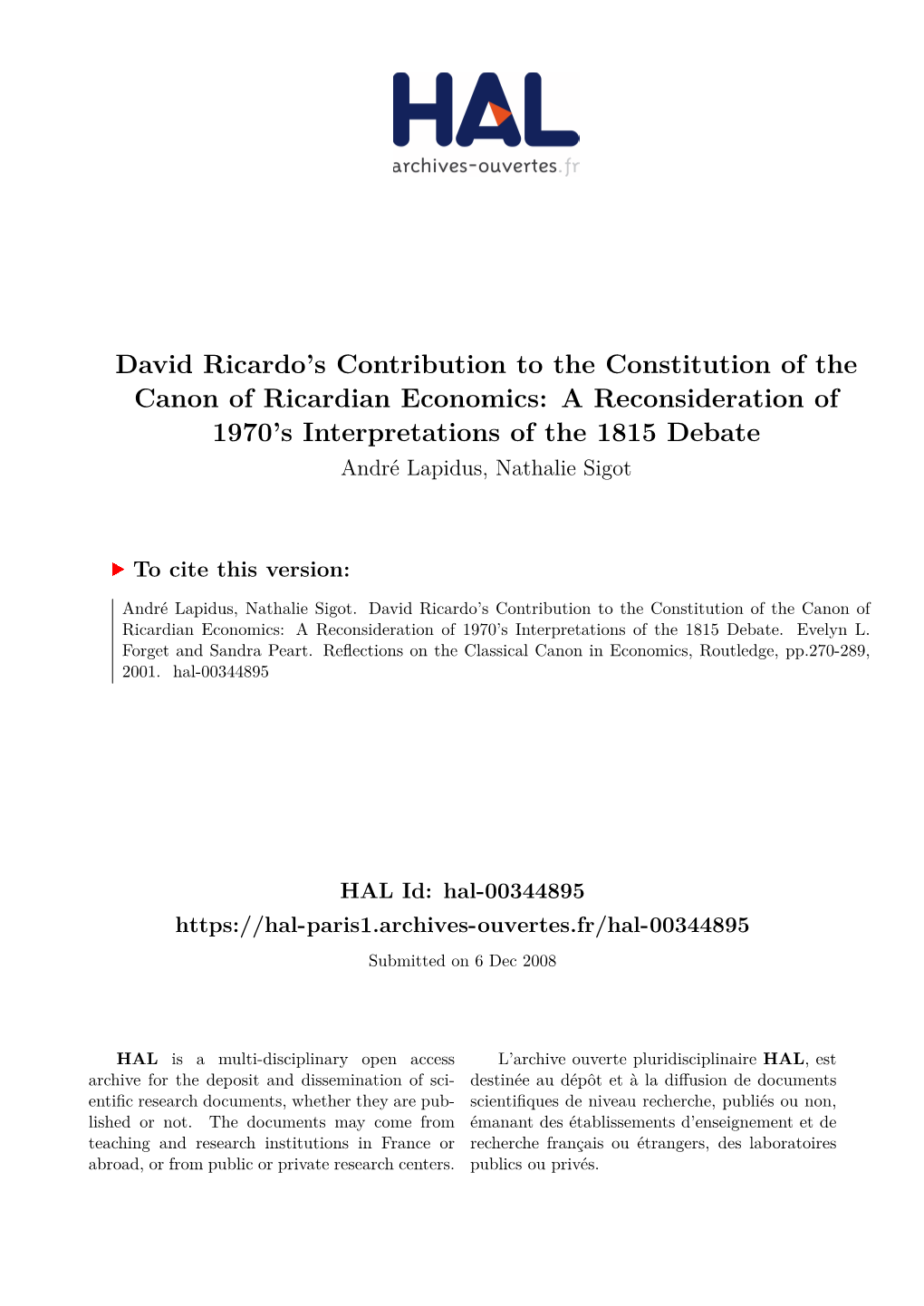 David Ricardo's Contribution to the Constitution of The