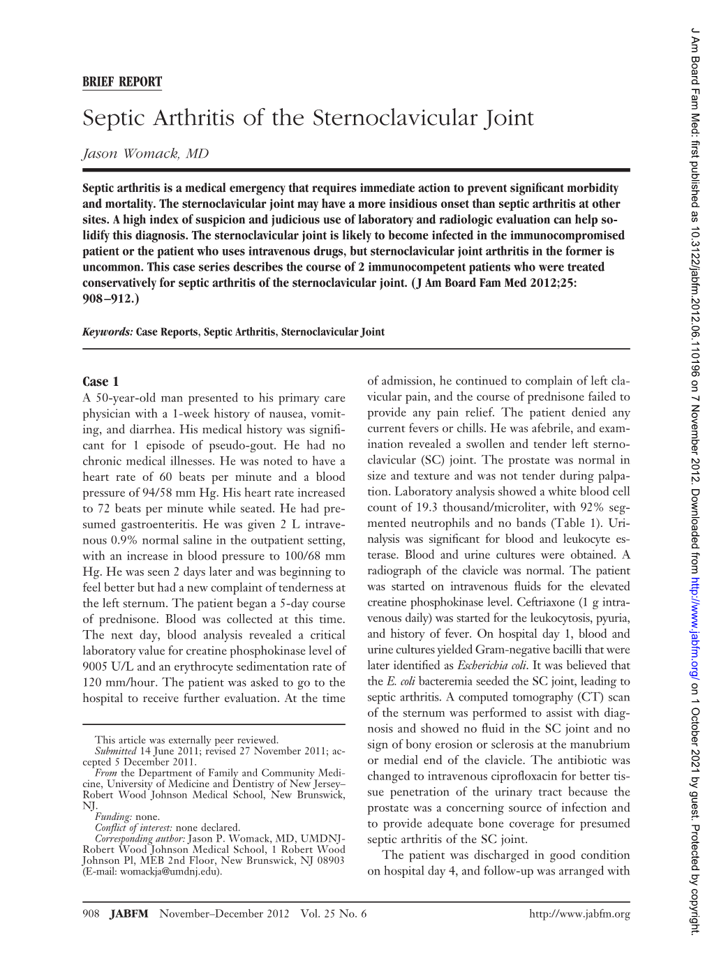 Septic Arthritis of the Sternoclavicular Joint