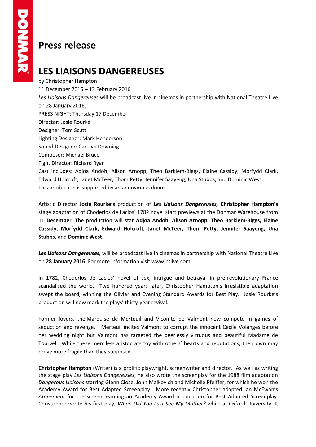 Press Release LES LIAISONS DANGEREUSES