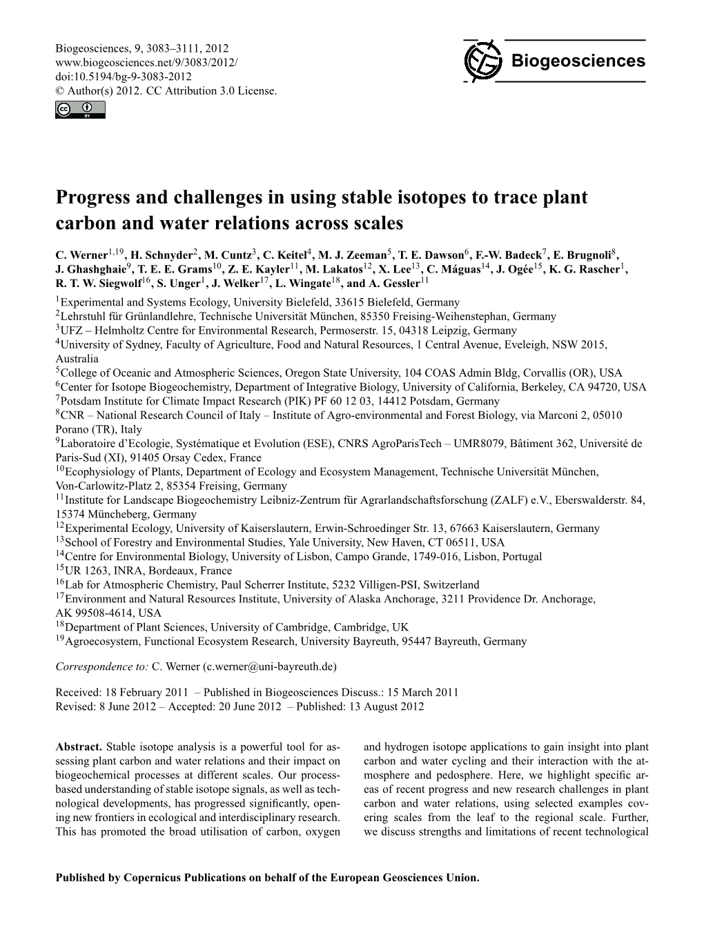 Progress and Challenges in Using Stable Isotopes to Trace Plant Carbon and Water Relations Across Scales