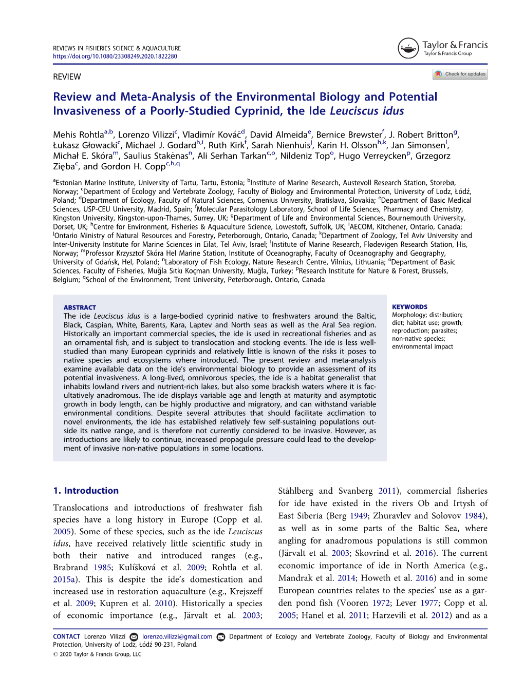 Review and Meta-Analysis of the Environmental Biology and Potential Invasiveness of a Poorly-Studied Cyprinid, the Ide Leuciscus Idus