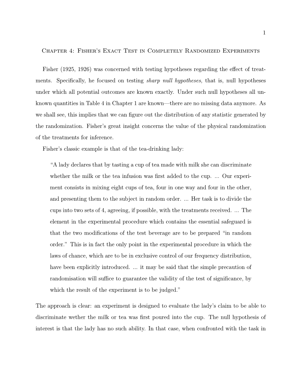 Chapter 4: Fisher's Exact Test in Completely Randomized Experiments