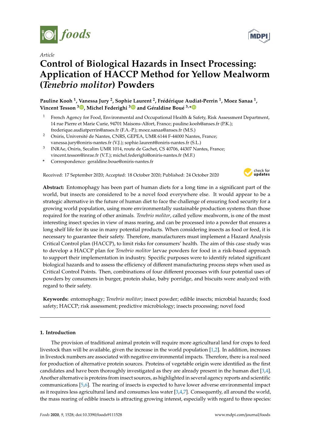 Control of Biological Hazards in Insect Processing: Application of HACCP Method for Yellow Mealworm (Tenebrio Molitor) Powders