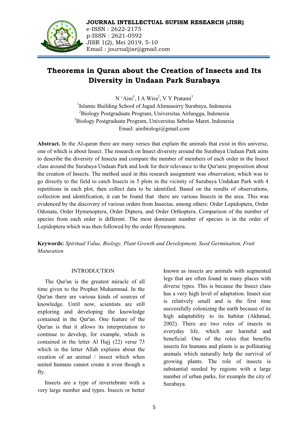 Theorems in Quran About the Creation of Insects and Its Diversity in Undaan Park Surabaya