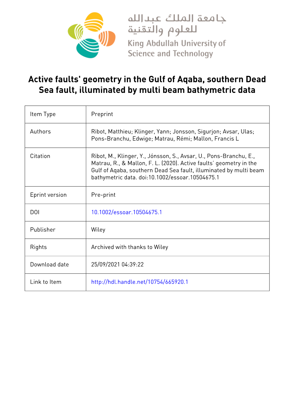 Active Faults' Geometry in the Gulf of Aqaba, Southern Dead Sea Fault, Illuminated by Multi Beam Bathymetric Data