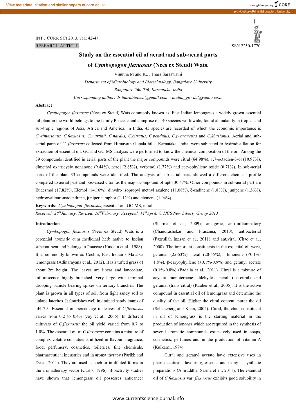 Study on the Essential Oil of Aerial and Sub-Aerial Parts of Cymbopogon Flexuosus (Nees Ex Steud) Wats