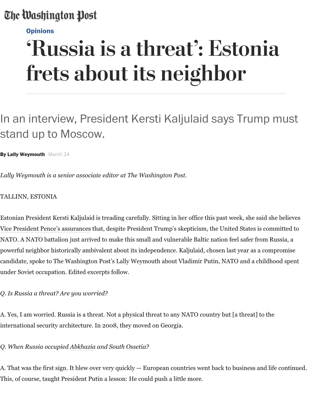 'Russia Is a Threat': Estonia Frets About Its Neighbor