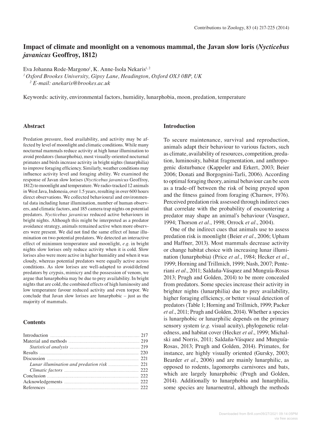 Downloaded from Brill.Com09/27/2021 09:14:05PM Via Free Access 218 Rode-Margono & Nekaris – Impact of Climate and Moonlight on Javan Slow Lorises