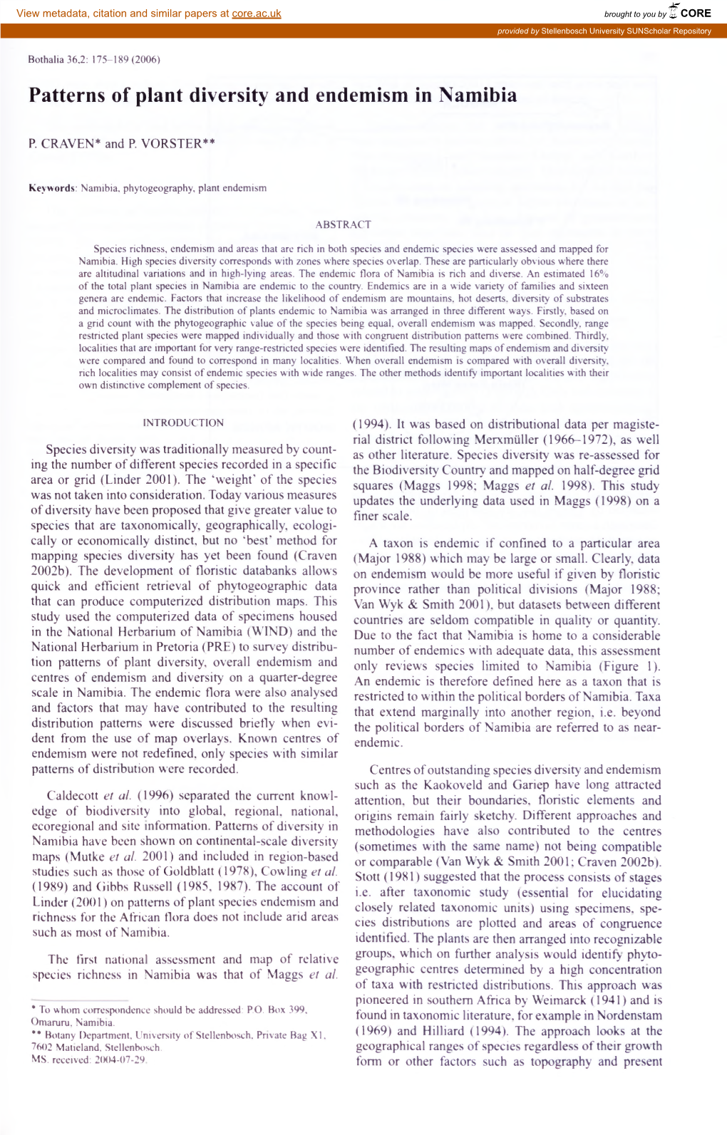 Patterns of Plant Diversity and Endemism in Namibia