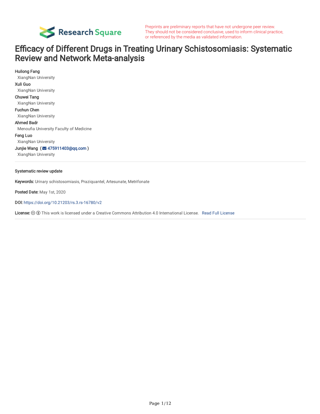 Efficacy of Different Drugs in Treating Urinary Schistosomiasis