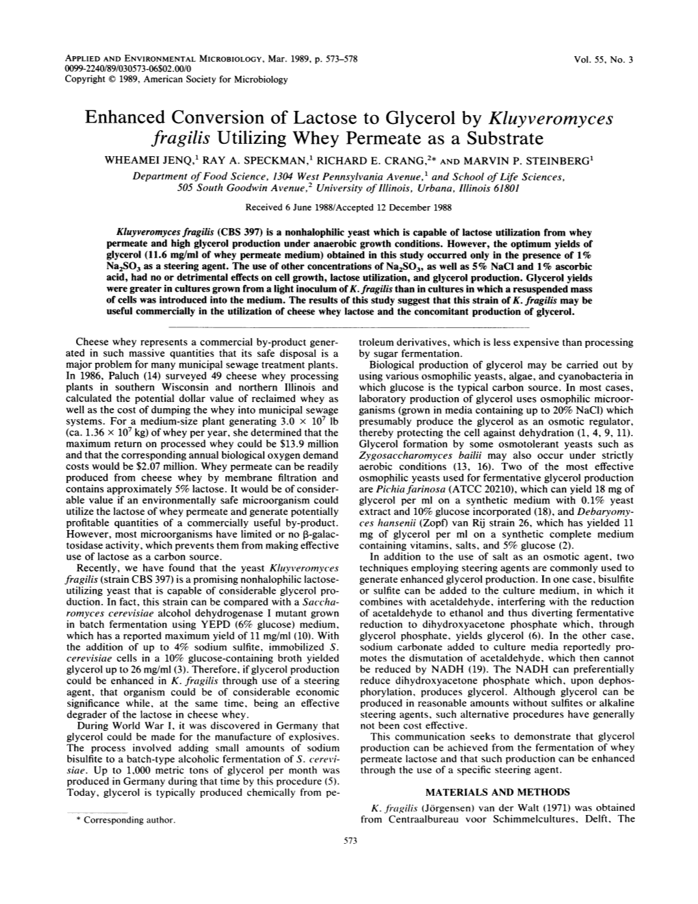 Enhanced Conversion Oflactose to Glycerol by Kluyveromyces Fragilis