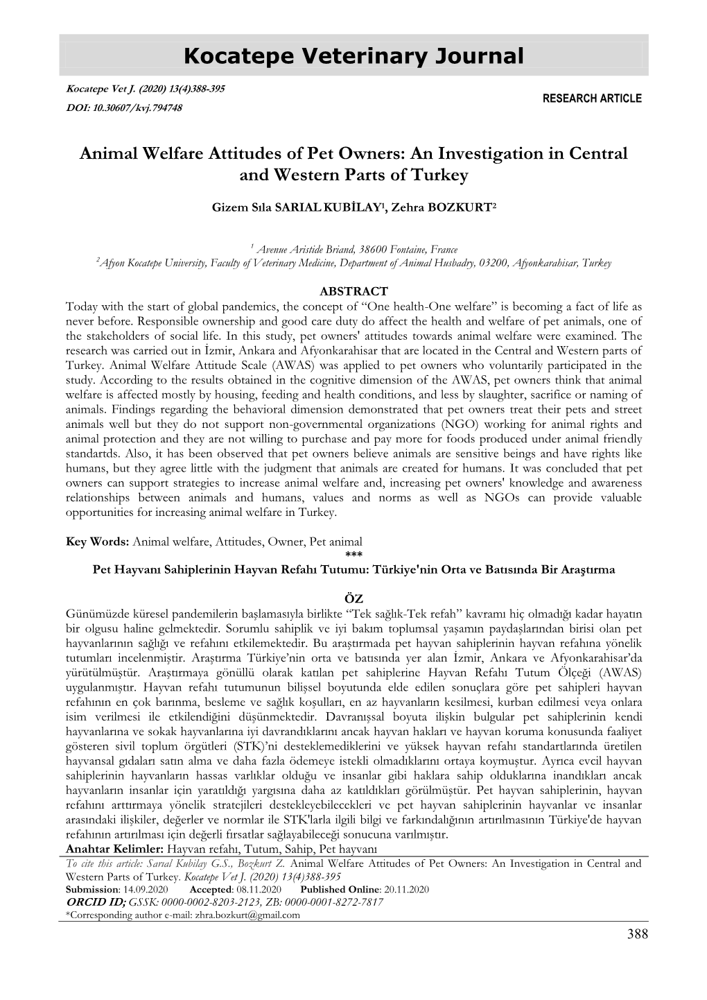 Animal Welfare Attitudes of Pet Owners: an Investigation in Central and Western Parts of Turkey