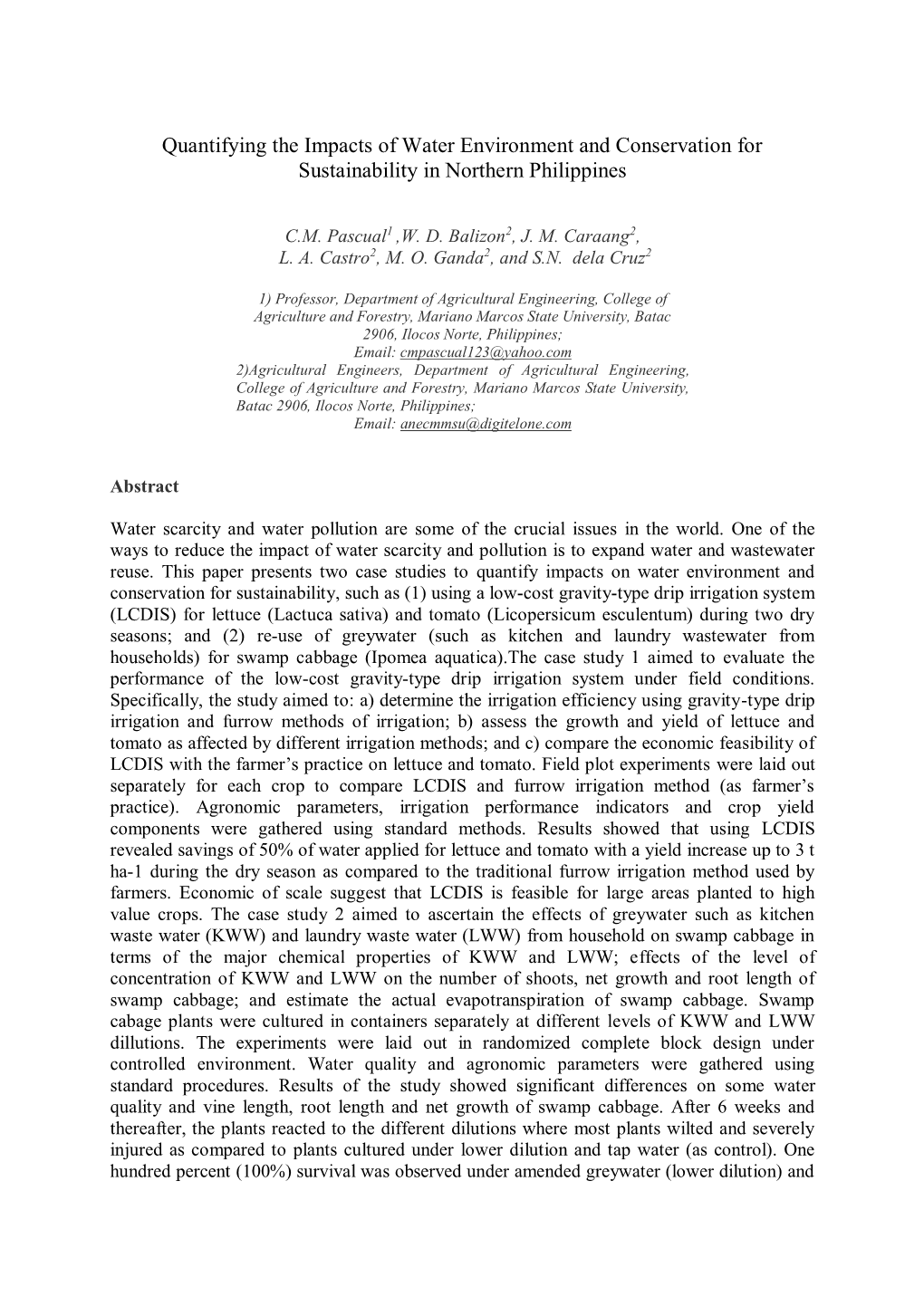 Quantifying the Impacts of Water Environment and Conservation for Sustainability in Northern Philippines