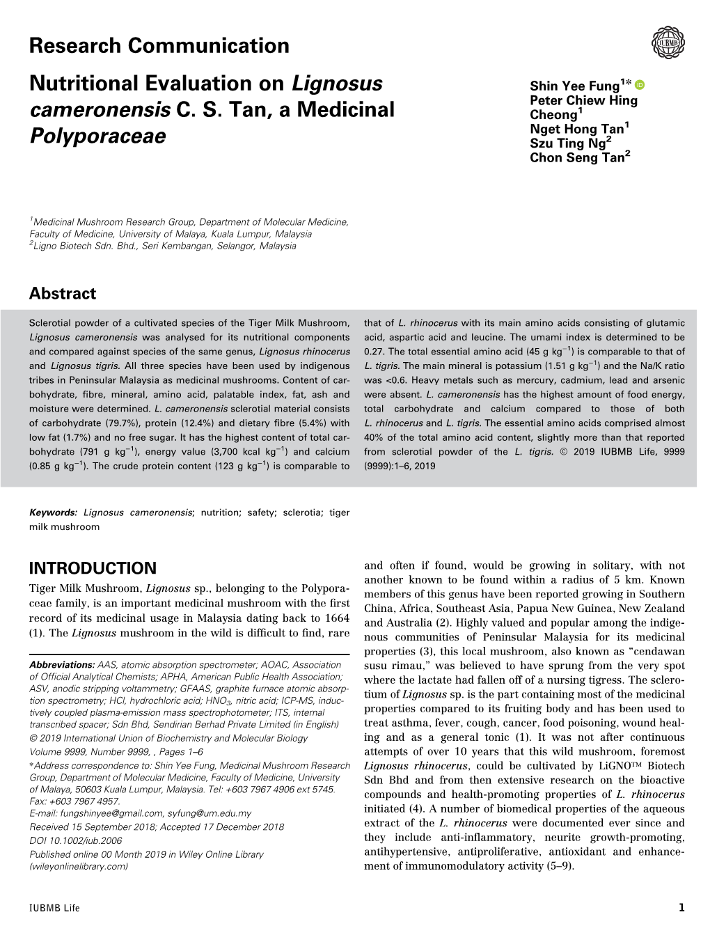 2 Nutritional Evaluation on Lignosus Cameronensis C. S. Tan, A