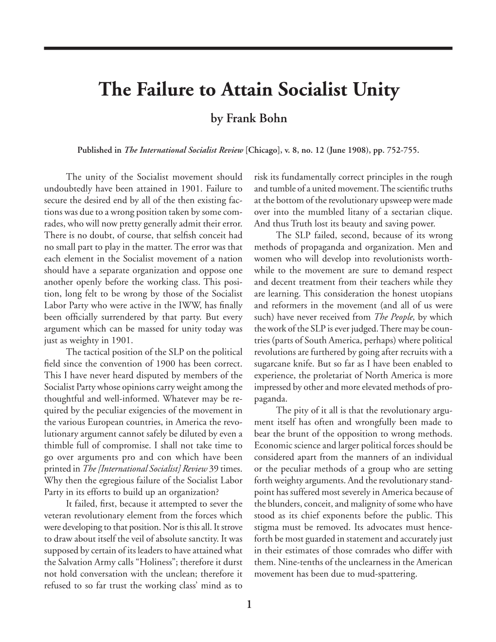 The Failure to Attain Socialist Unity [June 1908] 1