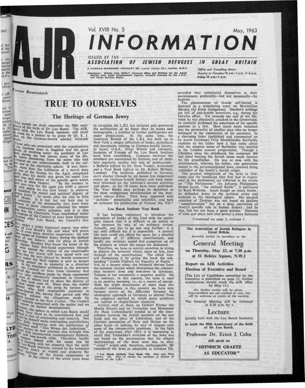 INFORMATION 1 the ISSUED by the Leorge ASSOCIATION of JEWISII REFUGEES in GREAT BRITAIN Inions Sneral 8 FAIRFAX MANSIONS, FINCHLEY RD