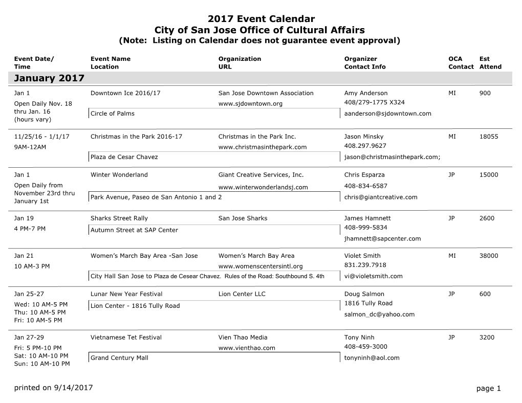 2017 Event Calendar City of San Jose Office of Cultural Affairs January