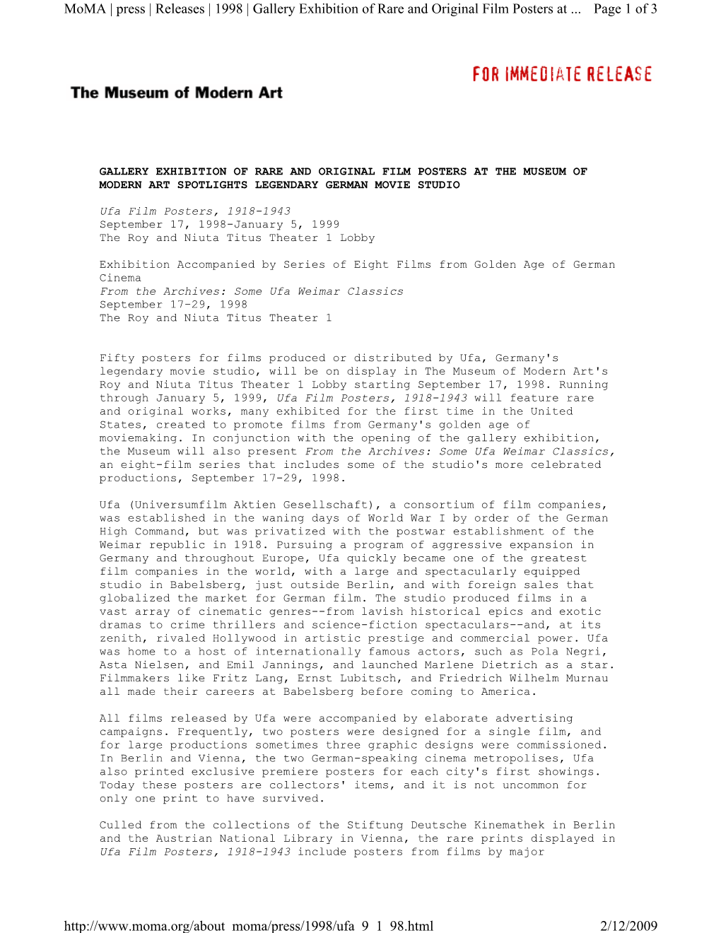 Page 1 of 3 Moma | Press | Releases | 1998 | Gallery Exhibition of Rare