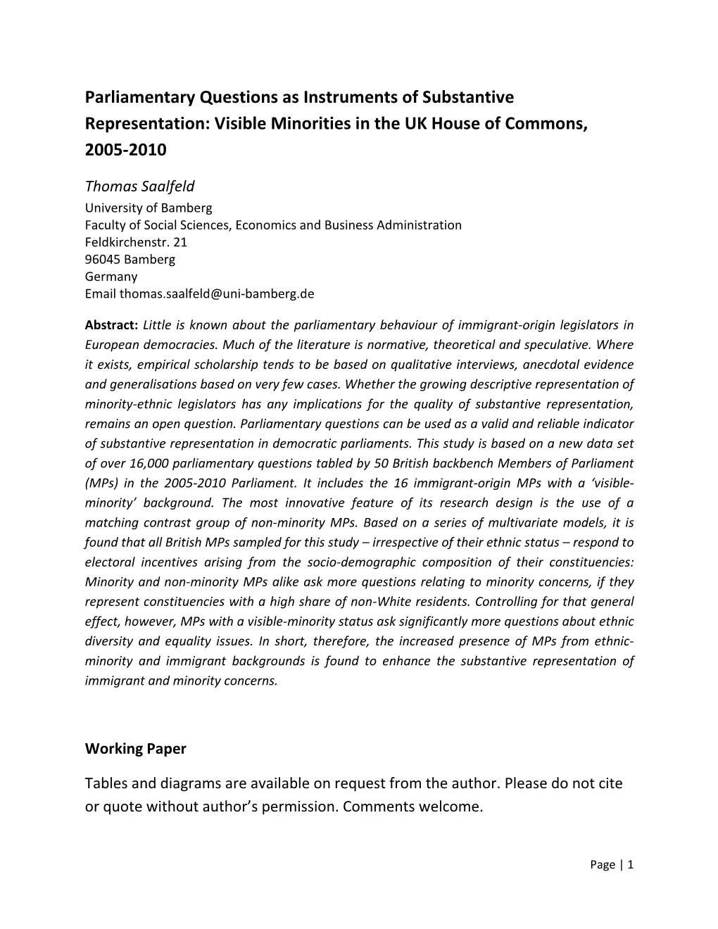 Parliamentary Questions As Instruments of Substantive Representation: Visible Minorities in the UK House of Commons, 2005-2010