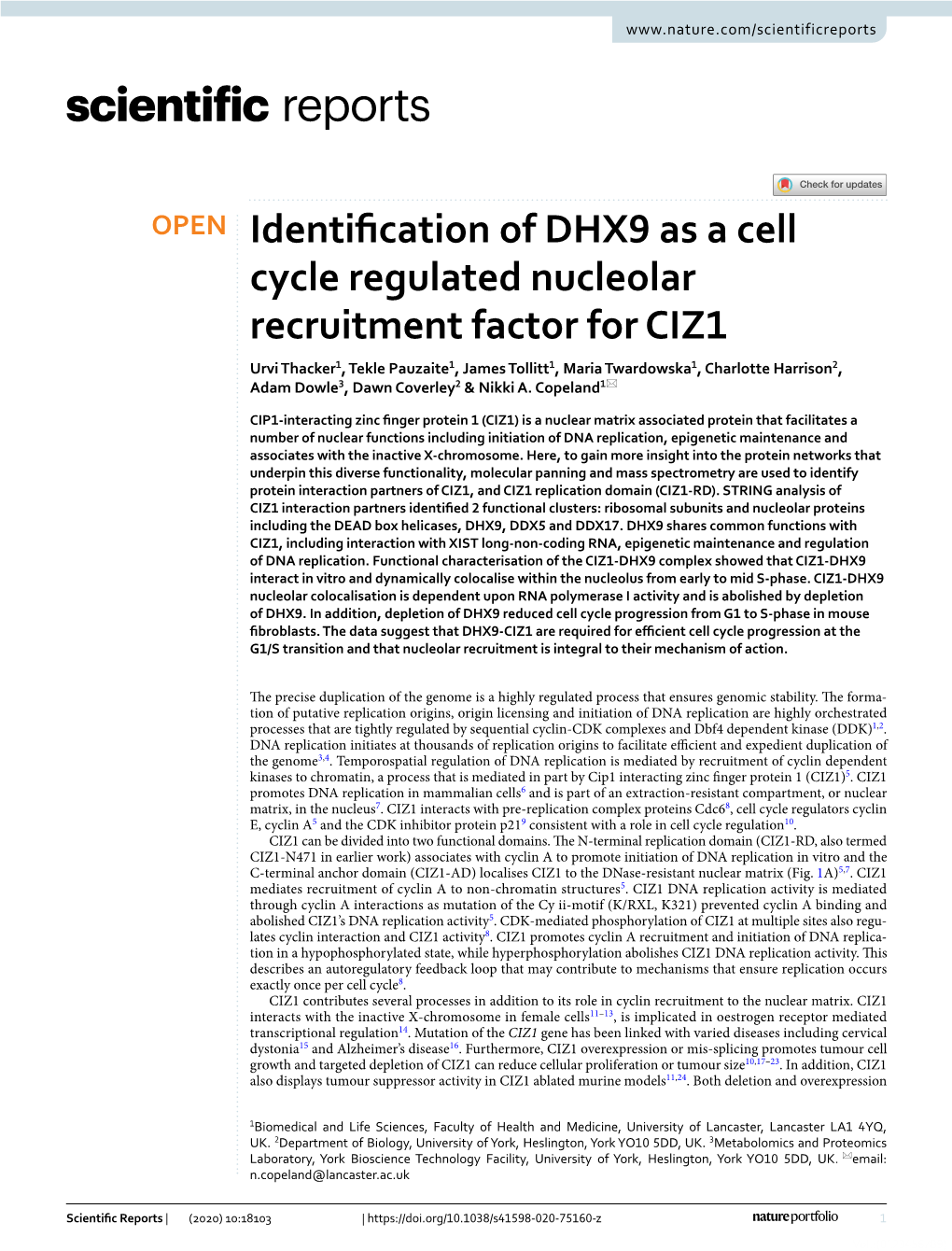 Identification of DHX9 As a Cell Cycle Regulated Nucleolar Recruitment
