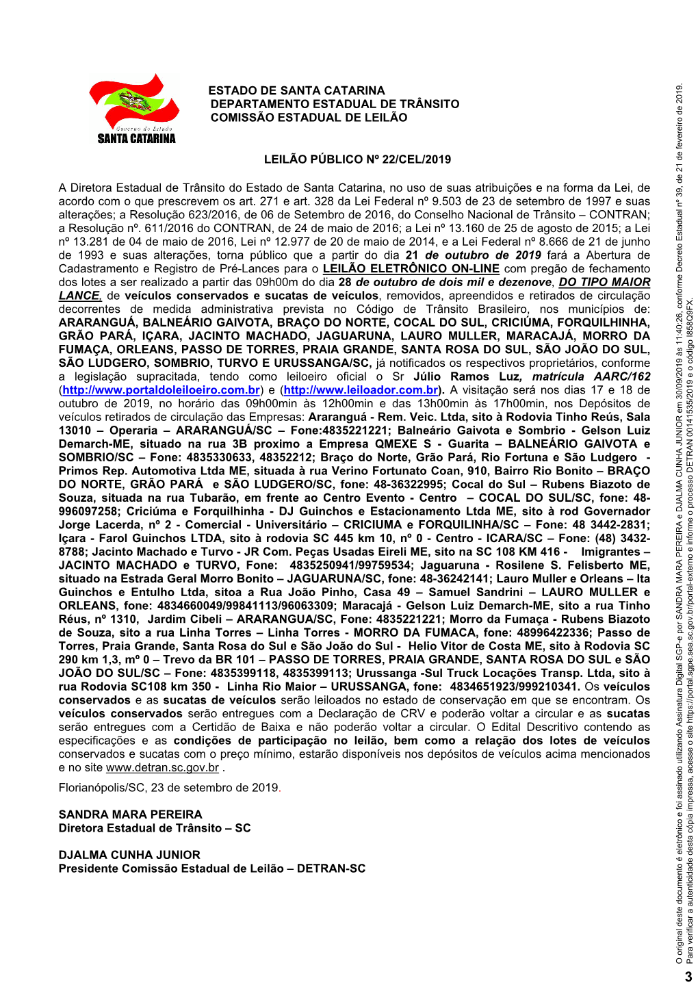 Estado De Santa Catarina Departamento Estadual De Trânsito Comissão Estadual De Leilão