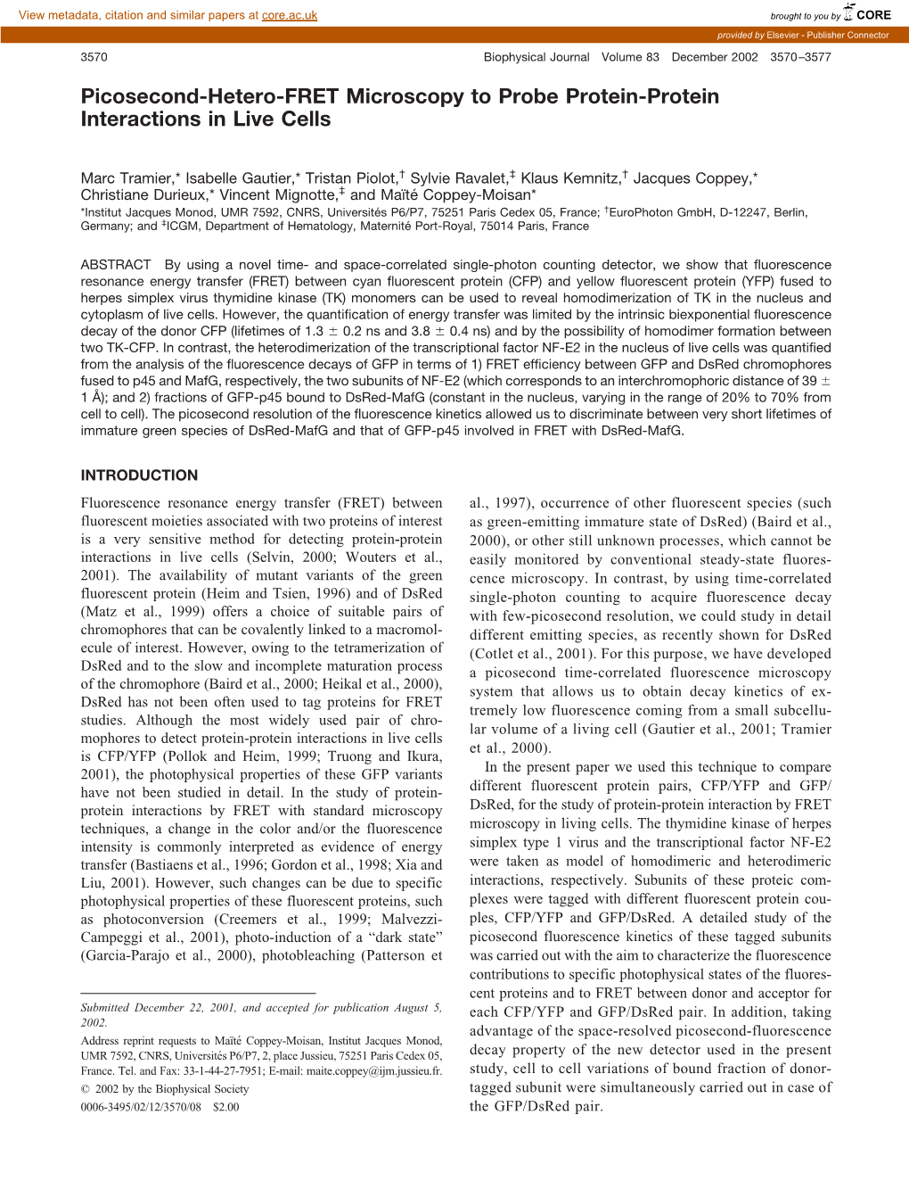 Picosecond-Hetero-FRET Microscopy to Probe Protein-Protein Interactions in Live Cells