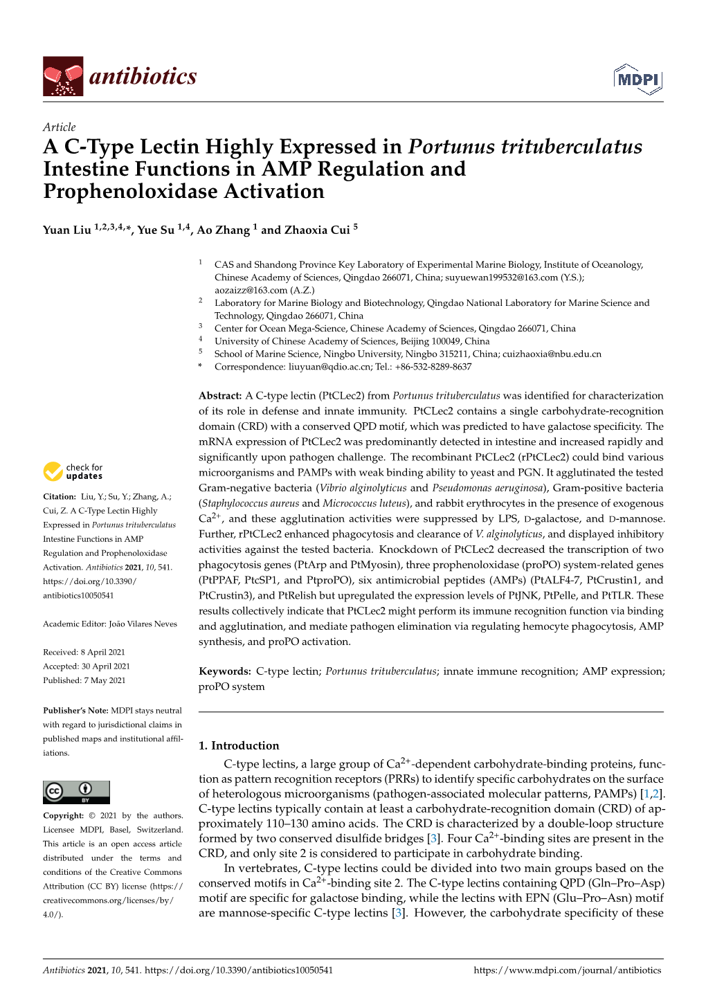 A C-Type Lectin Highly Expressed in Portunus Trituberculatus Intestine Functions in AMP Regulation and Prophenoloxidase Activation