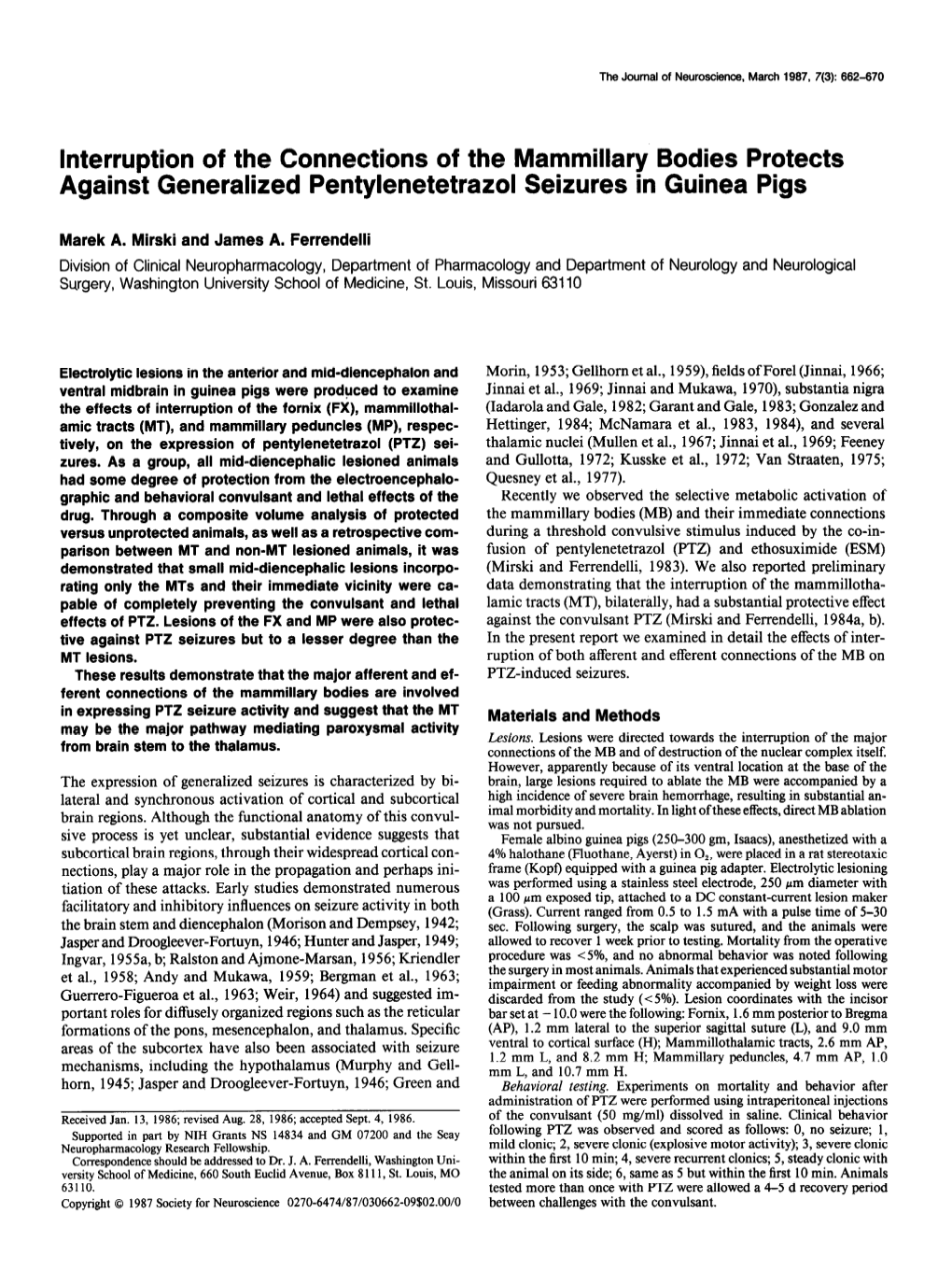 Interruption of the Connections of the Mammillary Bodies Protects Against Generalized Pentylenetetrazol Seizures in Guinea Pigs