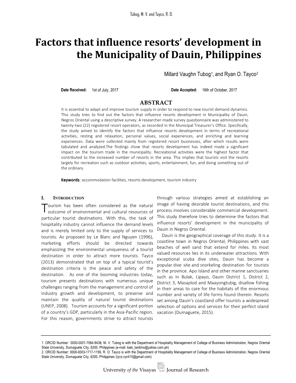 Factors That Influence Resorts' Development in the Municipality of Dauin, Philippines