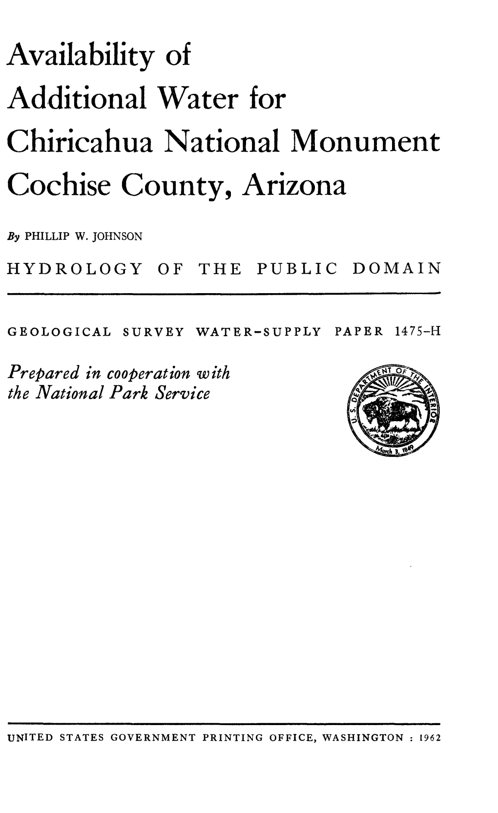 Availability of Additional Water for Chiricahua National Monument Cochise County, Arizona