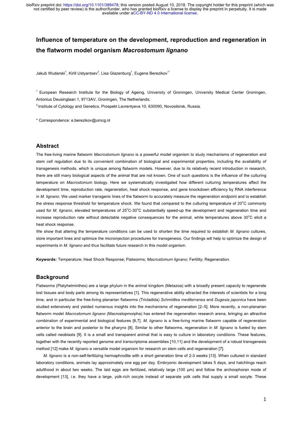 Influence of Temperature on the Development, Reproduction and Regeneration in the Flatworm Model Organism Macrostomum Lignano