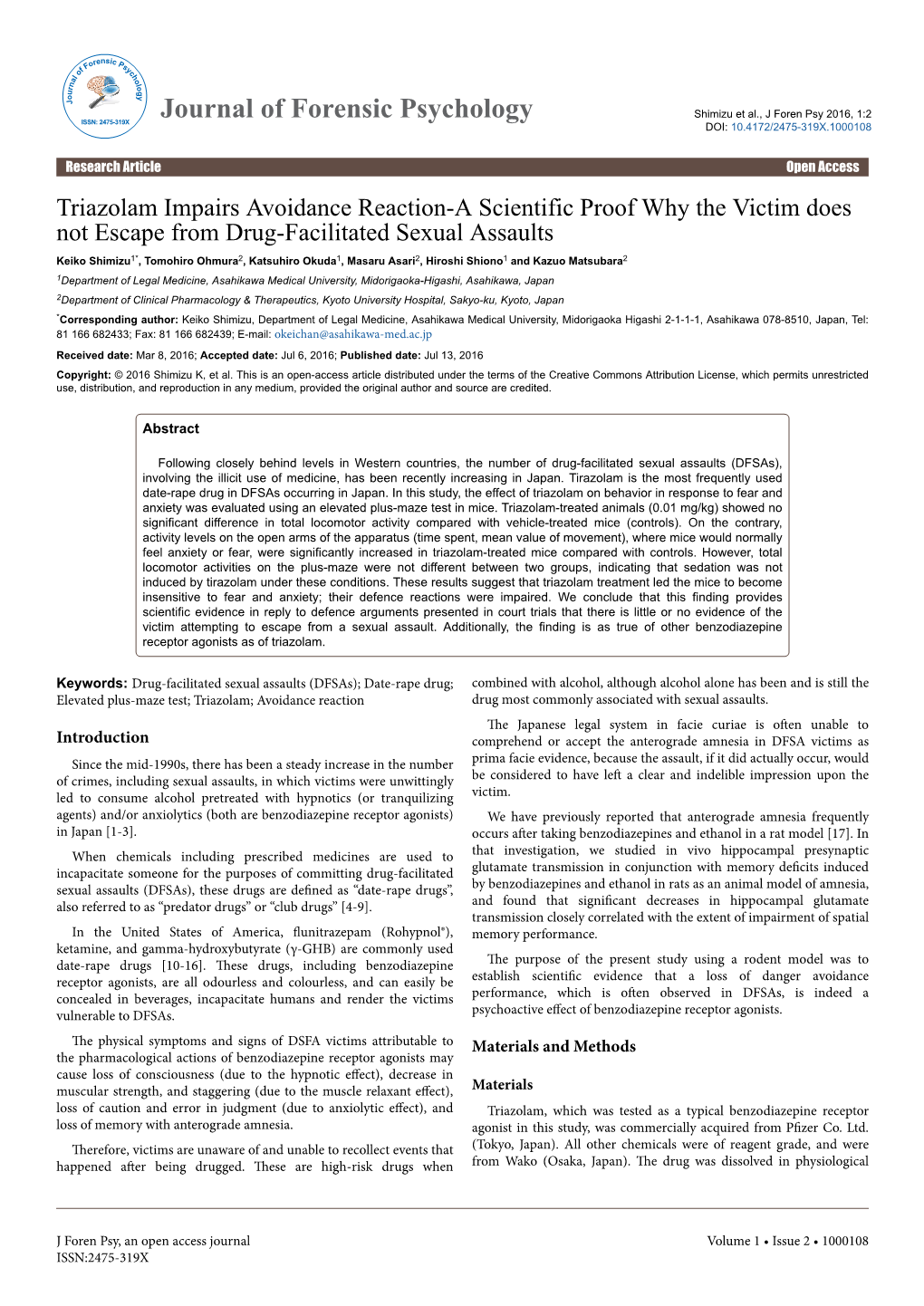 Triazolam Impairs Avoidance Reaction-A Scientific Proof Why the Victim Does Not Escape from Drug-Facilitated Sexual Assaults