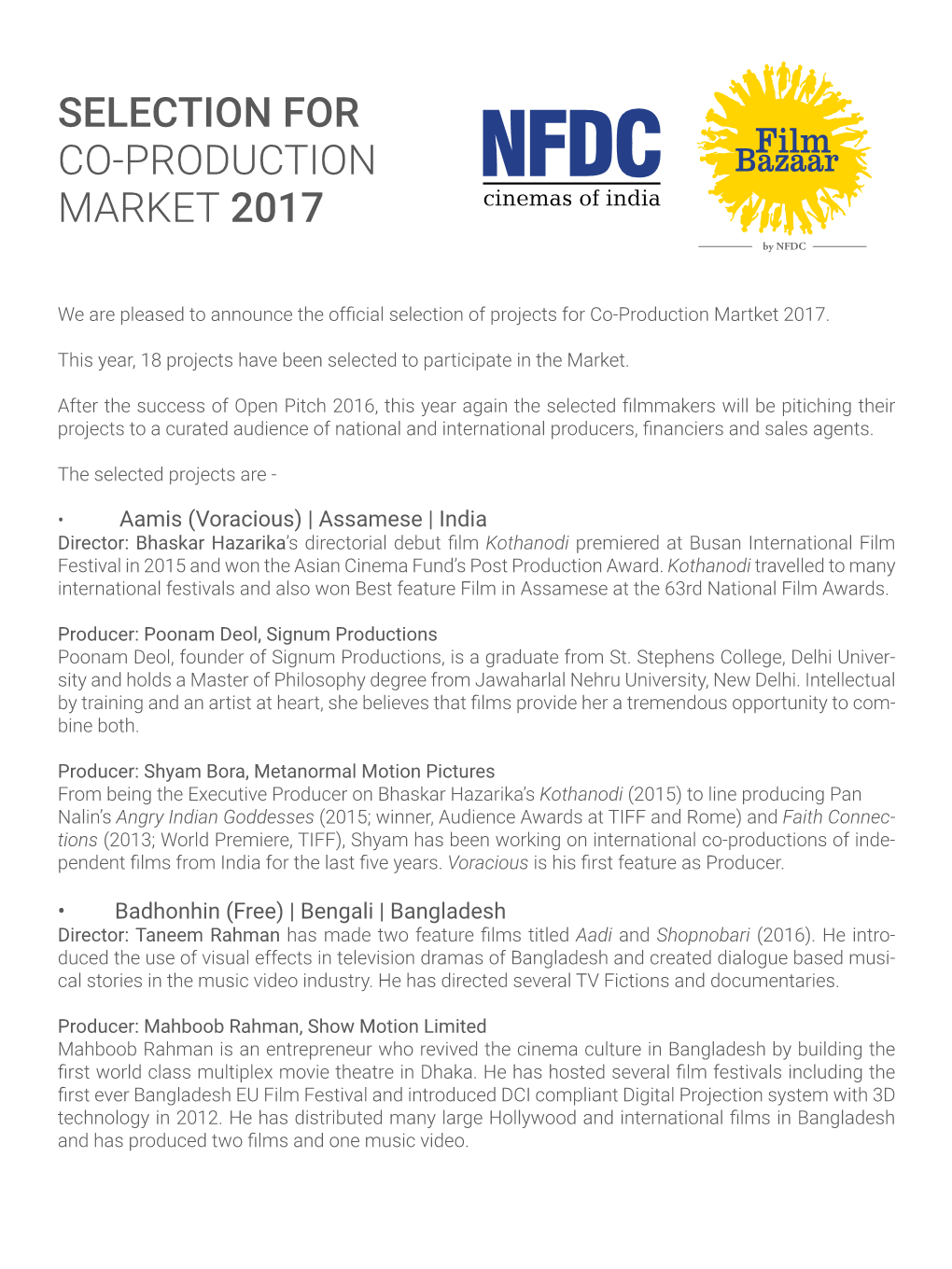 SELECTION for CO-PRODUCTION MARKET 2017 by NFDC