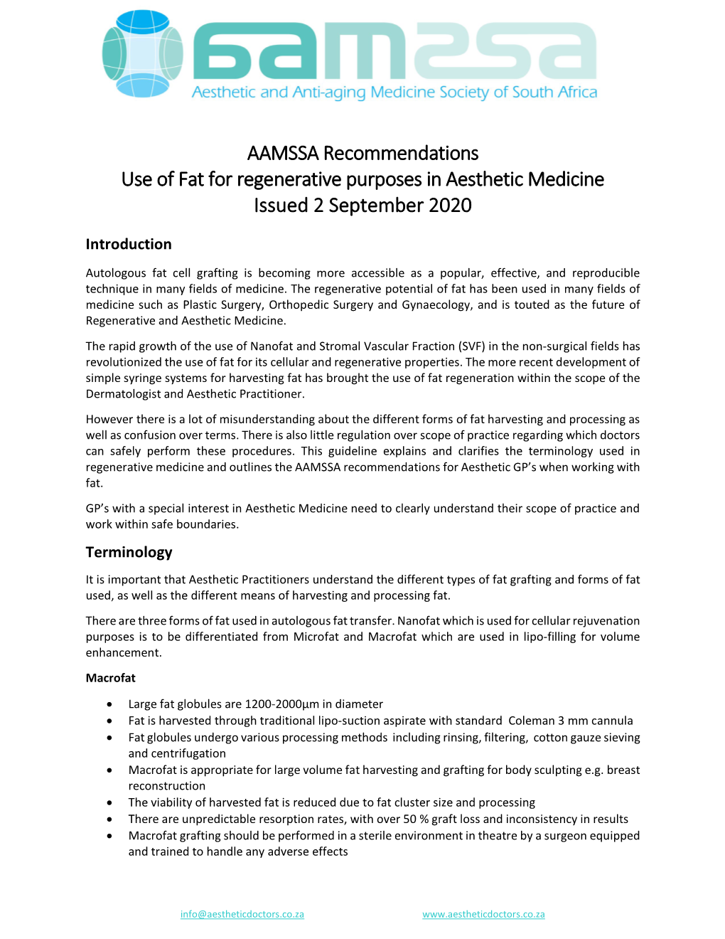 AAMSSA Recommendations Use of Fat for Regenerative Purposes in Aesthetic Medicine Issued 2 September 2020