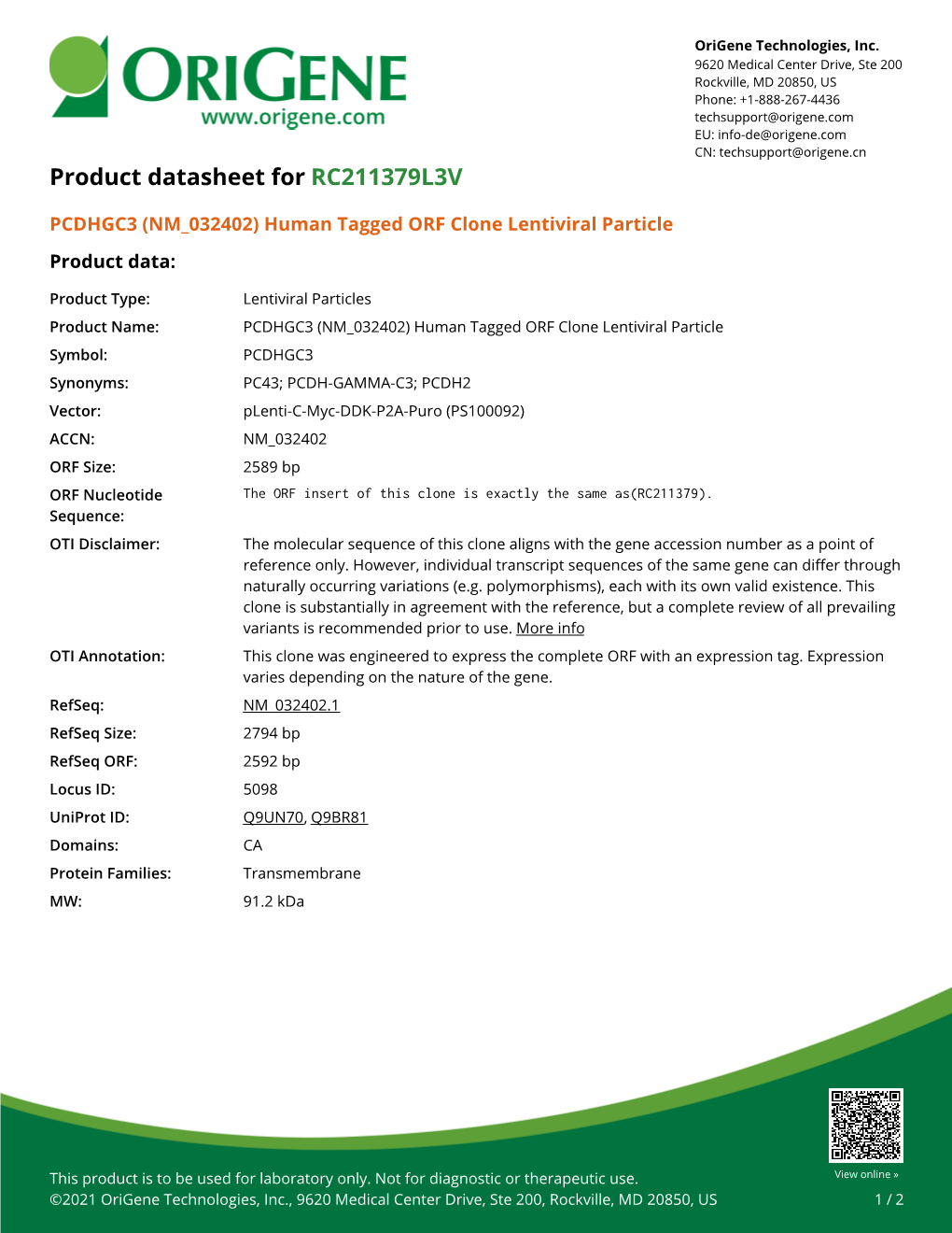 PCDHGC3 (NM 032402) Human Tagged ORF Clone Lentiviral Particle Product Data
