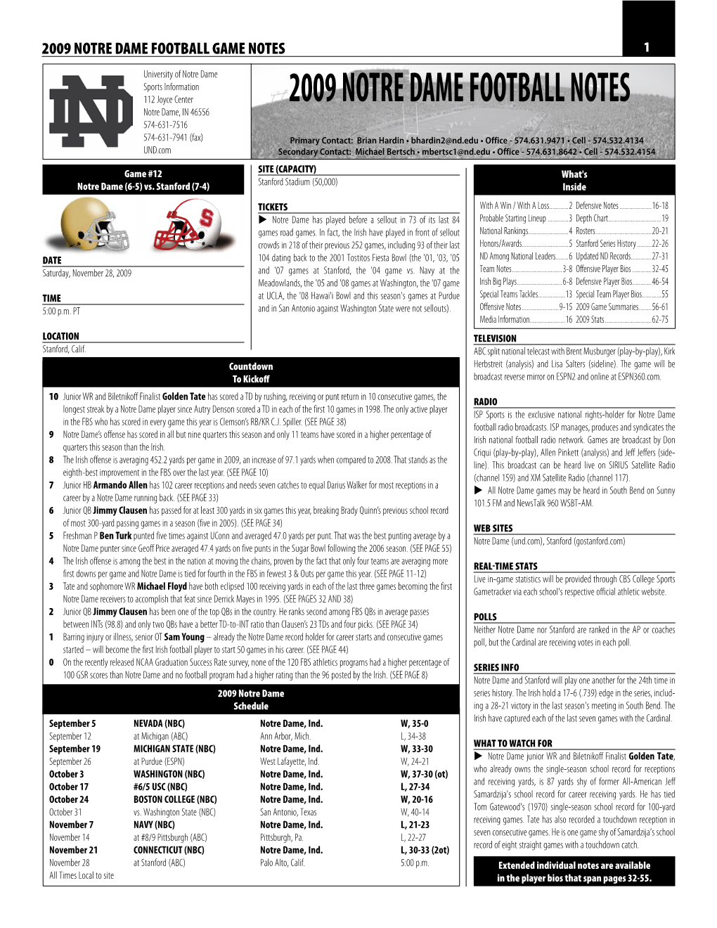 2009 Notre Dame Football Notes